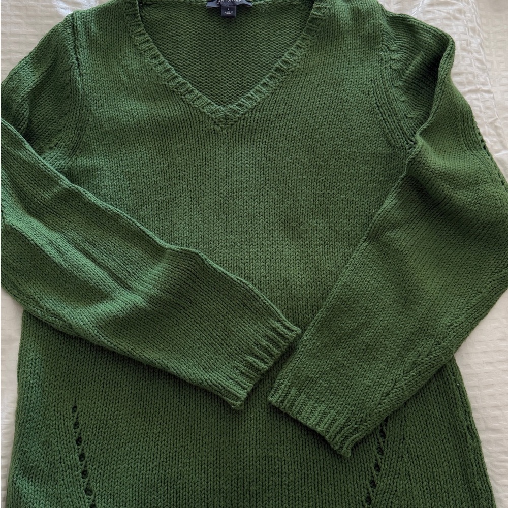 Ann Taylor Olive Green V-Neck Knit Sweater